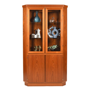 Lighted Danish Teak Corner Display Cabinet w. Adjustable Shelves Throughout