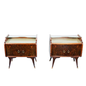 Pair of European End Tables w. Burled Wood Front + Bi-Level Glass Top
