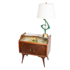 Pair of European End Tables w. Burled Wood Front + Bi-Level Glass Top