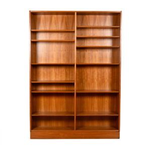 55” Danish Modern Double Bookcase w. Adjustable, Beveled Shelves in Teak.