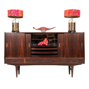 Sumptuous Danish Modern Highboard in Brazilian Rosewood w Mirrored Bar-Shelving