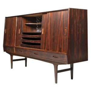 Sumptuous Danish Modern Highboard in Brazilian Rosewood w Mirrored Bar-Shelving