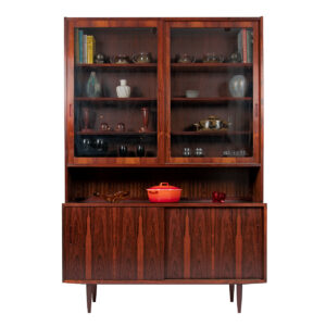 55″ 2-pc Danish Rosewood Storage | Sliding Door Cabinet w Glass Display Top