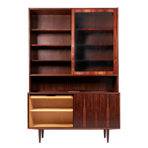 55″ 2-pc Danish Rosewood Storage | Sliding Door Cabinet w Glass Display Top