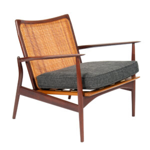 Pair, 1960s ‘Seal’ Lounge Chairs by Ib Kofod-Larsen in Teak + Rattan w. New Custom Cushions