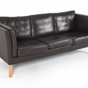 Stouby Danish Modern Brown Leather 3-Seat Sofa in Borge Mogensen Style