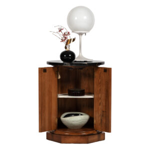 Round Walnut Drum Table w Hidden Storage + Marble Top