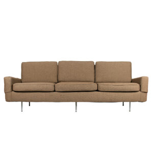 1955 Florence Knoll #26BC Sofa Reupholstered in Neutral Tones of Taupe | Brown + Floating on Slender Inset Chrome Legs