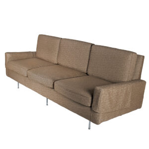 1955 Florence Knoll #26BC Sofa Reupholstered in Neutral Tones of Taupe | Brown + Floating on Slender Inset Chrome Legs