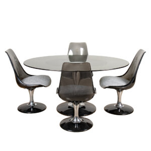 Space Age 70s Chromcraft Dining Set — Oval Smoked Glass + 4 Reupholstered Acrylic Chairs