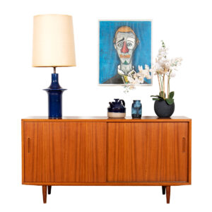 55” Apartment-Sized Danish Teak Sideboard | Media Cabinet w. Sliding Doors