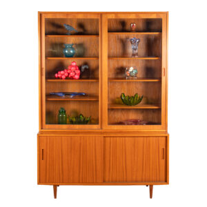 55″ 2-Piece Danish Teak Glass Display Top Storage w Sliding Doors Top + Bottom