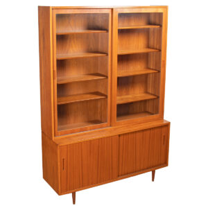 55″ 2-Piece Danish Teak Glass Display Top Storage w Sliding Doors Top + Bottom