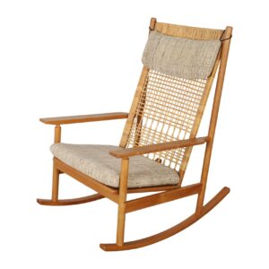 Hans Olsen Danish Modern Teak + Cane Rocking Chair w Oatmeal Cushions