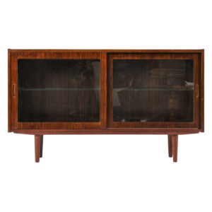 Low + Thin Media Cabinet | Bookcase | Display Cabinet w Sliding Glass Doors in Rosewood