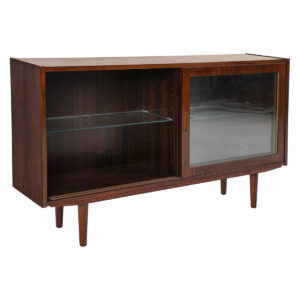 Low + Thin Media Cabinet | Bookcase | Display Cabinet w Sliding Glass Doors in Rosewood
