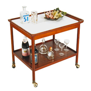 Bi-Level Danish Teak Rolling Bar | Serving Cart w. Protective Surface