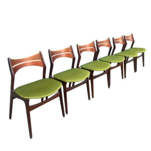 Set of 6 Early Danish Teak Erik Buch Dining Chairs, the Hard-to-Come-By Model 310, w. Spring Green Seats