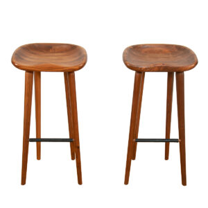 Pair of Modern Sculpted Solid Walnut Bar Stools w/ Footrest