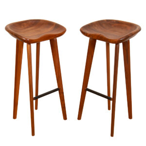 Pair of Modern Sculpted Solid Walnut Bar Stools w/ Footrest