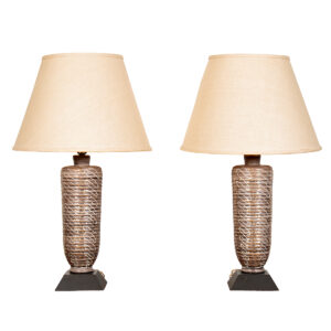Tall Mid-Century Ceramic Lamps w Sinuous Gold + White Curlicues, Pair