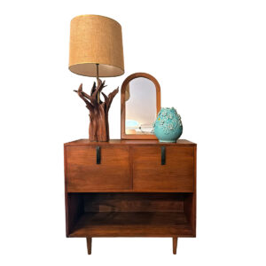 Florence Knoll Style Walnut Storage Cabinet w Two Deep Bucket Drawers + Leather Handles