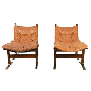Pair, Westnofa Brown Leather Chairs + Ottomans by Ingmar Relling