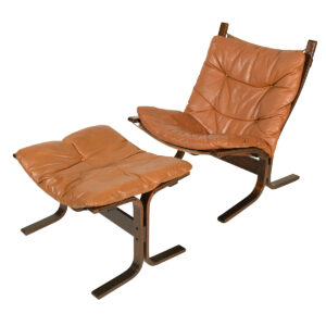 Pair, Westnofa Brown Leather Chairs + Ottomans by Ingmar Relling