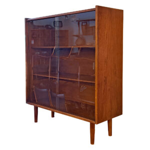 Studio-Sized American Modernist Bookcase | Display Cabinet w Sliding Glass Doors in Walnut