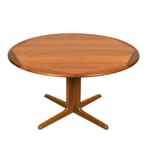 Pedestal Base Round-to-Oval Dining Table w 2 Leaves + Sleek Edge Banding in Danish Teak
