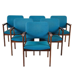Peacock Blue Pair of Upholstered Danish Rosewood Arm Chairs