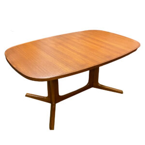 Danish Teak Trestle-Base Oval Dining Table w 2 Self-Storing Leaves
